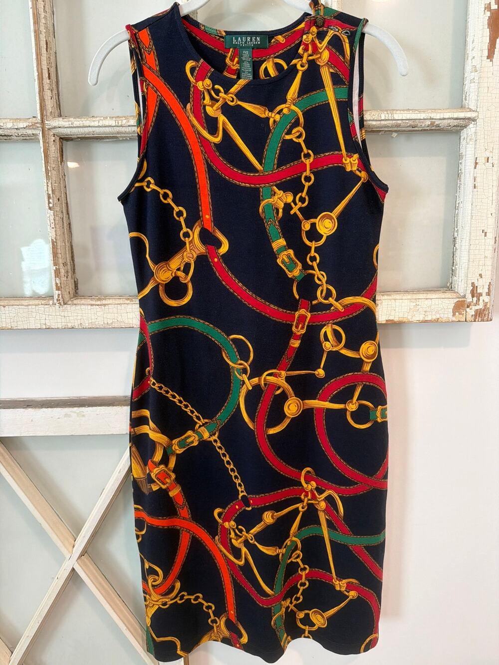 Lauren Ralph Lauren PXS petite XS equestrian belt and horse bit pattern dress